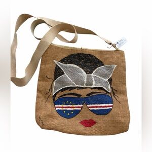 Beige Burlap Crossbody Bag with Sunglasses Face Motif